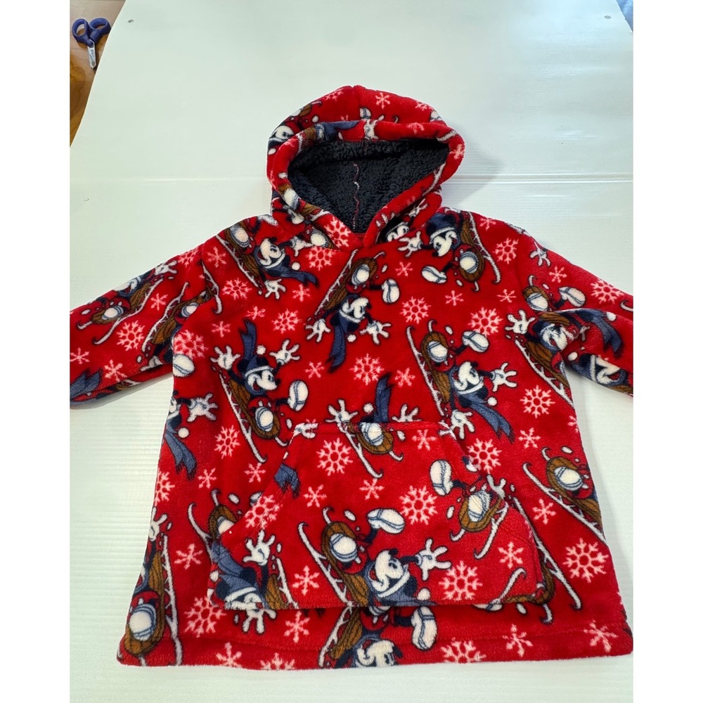 Disney Mickey Mouse Holiday Fleece Hoodie Red Sledding Snowflake Kids Pullover